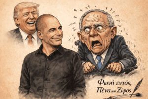 Πολιτικό σκίτσο με τον Βόλφγκανγκ Σόιμπλε να κοιτάζει με τρόμο τον Γιάνη Βαρουφάκη. Και τον Trump να γελάει