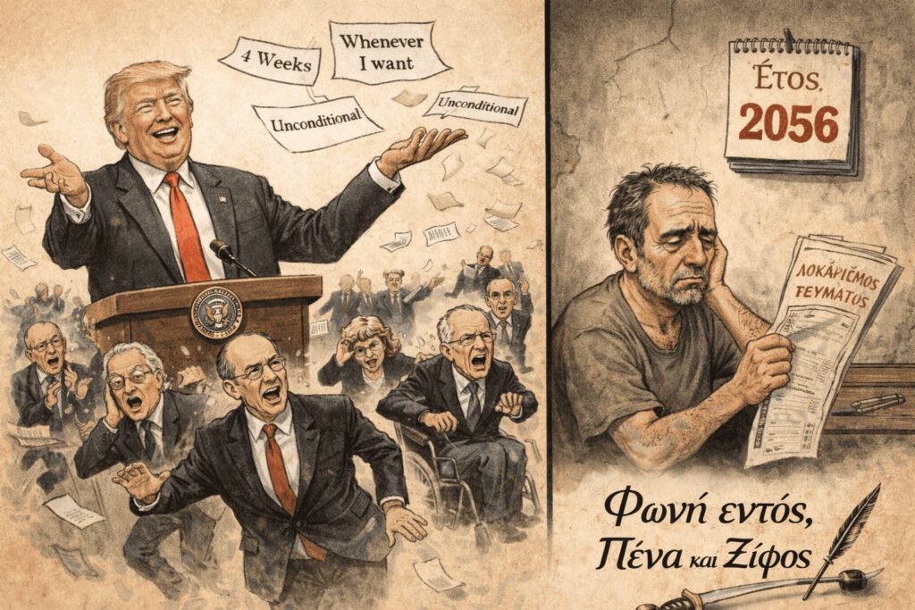 Ο Ντόναλντ Τραμπ πετάει χαρτιά με ημερομηνίες ενώ ένας Έλληνας πολίτης κοιτάει λογαριασμό ρεύματος.