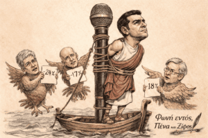 Σκίτσο του Αλέξη ως Οδυσσέα δεμένου στο κατάρτι ενός πλοίου που μοιάζει με μικρόφωνο.