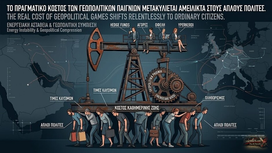 Σκίτσο που συμβολίζει το οικονομικό βάρος της γεωπολιτικής κρίσης που πέφτει στους πολίτες.