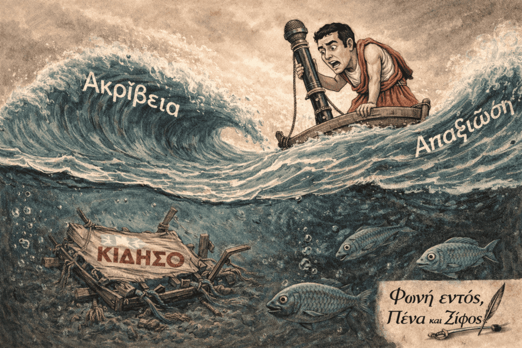 Στον σκοτεινό βυθό φαίνεται μια διαλυμένη σχεδία που γράφει «ΚΙΔΗΣΟ» περιτριγυρισμένη από ψάρια. Στην επιφάνεια, η μικρή και ταλαιπωρημένη σχεδία του Τσίπρα παλεύει με τεράστια κύματα που γράφουν «Ακρίβεια» και «Απαξίωση», ενώ ο ίδιος κοιτάζει έντρομος προς τα κάτω, βλέποντας το ναυάγιο του προκατόχου του.