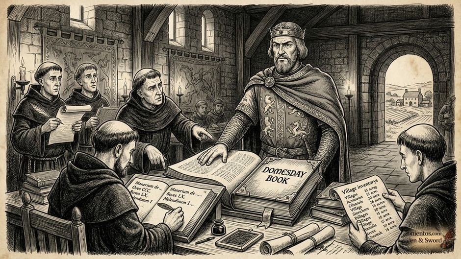Ο Γουλιέλμος ο Κατακτητής μπροστά στο Domesday Book.