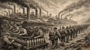 Εργοστάσια και στρατιώτες δείχνουν τη μετάβαση της κοινωνίας σε οικονομία πολέμου στον Α Παγκόσμιο Πόλεμο