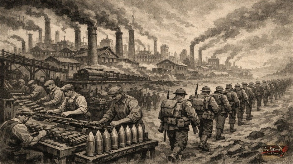 Εργοστάσια και στρατιώτες δείχνουν τη μετάβαση της κοινωνίας σε οικονομία πολέμου στον Α Παγκόσμιο Πόλεμο
