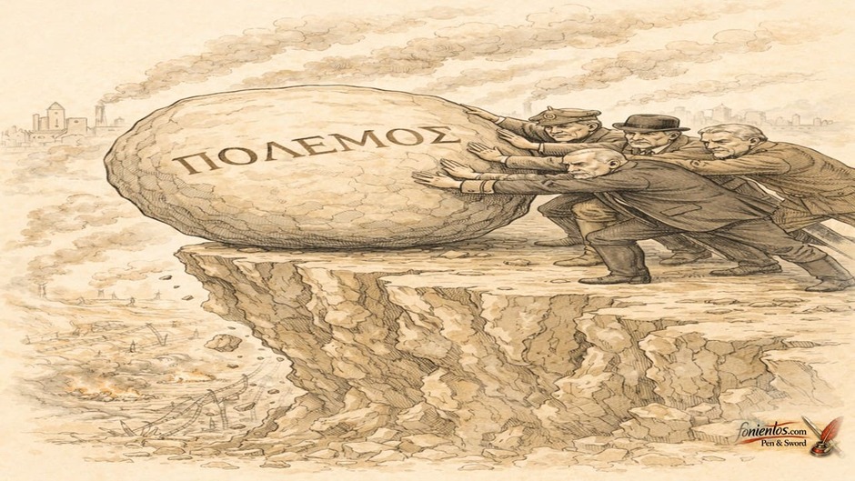 Ηγέτες σπρώχνουν τον πόλεμο προς τον γκρεμό, συμβολίζοντας την αδυναμία διακοπής του Α’ Παγκοσμίου Πολέμου.