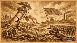 Σκίτσο που δείχνει την κατάρρευση της Ρωσίας και την είσοδο των ΗΠΑ στον Α’ Παγκόσμιο Πόλεμο.