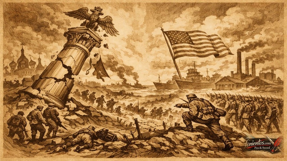 Σκίτσο που δείχνει την κατάρρευση της Ρωσίας και την είσοδο των ΗΠΑ στον Α’ Παγκόσμιο Πόλεμο.