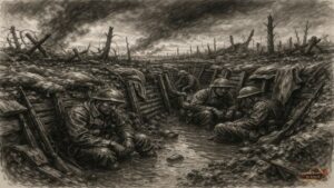 Στρατιώτες σε χαρακώματα στον Α Παγκόσμιο Πόλεμο μέσα σε λάσπη και καταστροφή