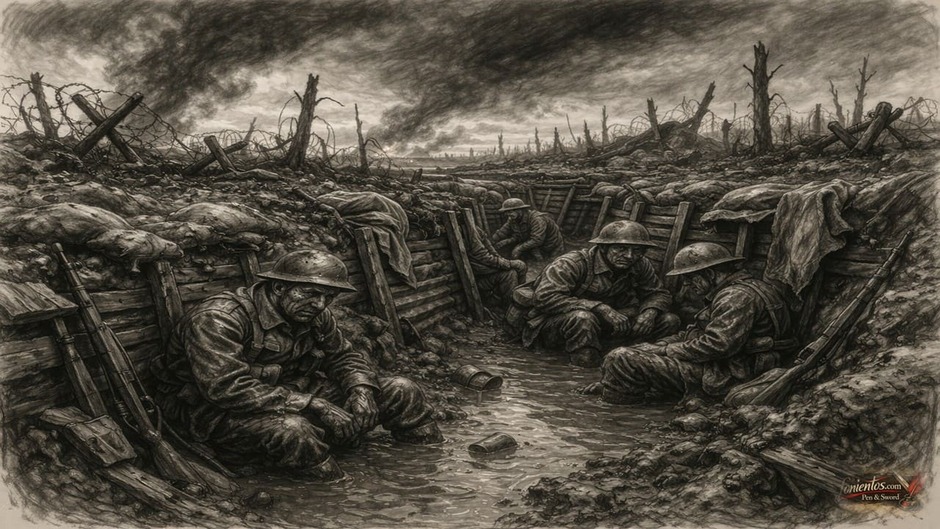 Στρατιώτες σε χαρακώματα στον Α Παγκόσμιο Πόλεμο μέσα σε λάσπη και καταστροφή