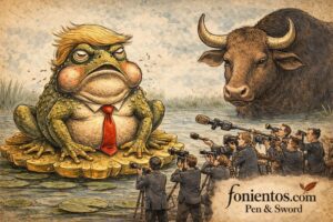 Ένας φουσκωμένος βάτραχος με κόκκινη γραβάτα κάθεται σε ένα χρυσό νούφαρο προσπαθώντας να φτάσει σε μέγεθος ένα τεράστιο βόδι, ενώ δημοσιογράφοι τον βιντεοσκοπούν.