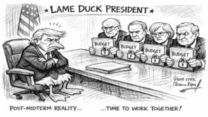 Ένας Αμερικανός Πρόεδρος ως πάπια κάθεται δυσαρεστημένος σε τραπέζι διαπραγματεύσεων με πολιτικούς αντιπάλους.