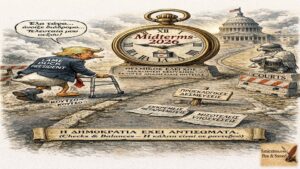 Σατιρικό σκίτσο με μια πάπια που φοράει καπέλο του Θείου Σαμ μπροστά από ένα τεράστιο ρολόι που δείχνει τον Νοέμβριο του 2026.