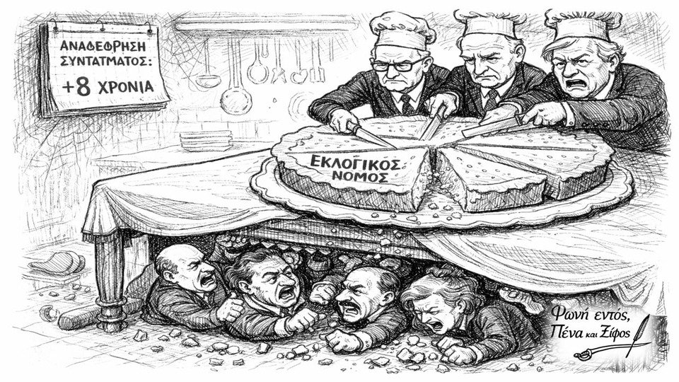 Μικροί πολιτικοί τσακώνονται για ψίχουλα κάτω από ένα τραπέζι όπου οι μεγάλοι μοιράζουν την πίτα του εκλογικού νόμου.