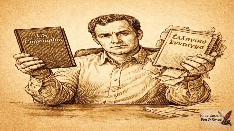 Ένας απλός πολίτης κρατάει δύο βιβλία συνταγμάτων και φαίνεται προβληματισμένος