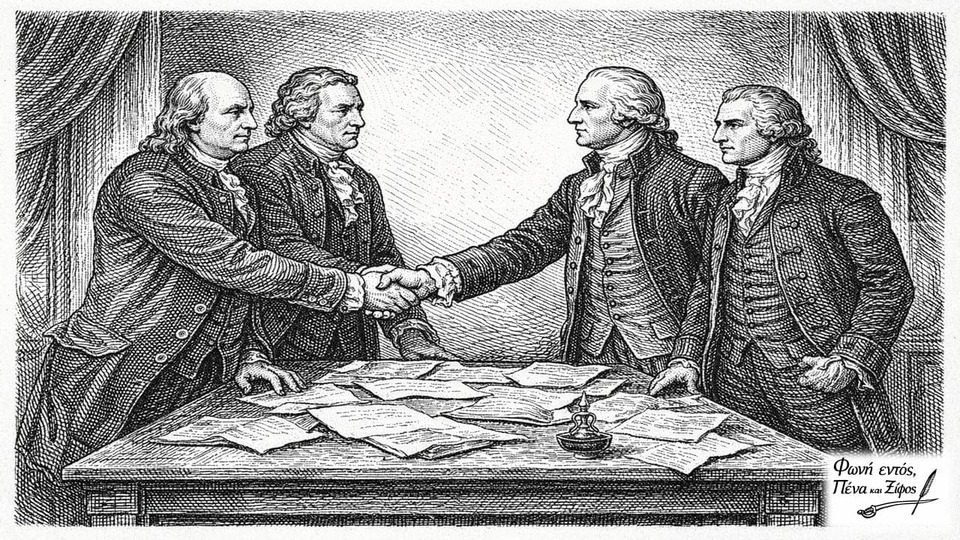 Αντιπρόσωποι του 1787 δίνουν τα χέρια γύρω από ένα τραπέζι με χάρτες.