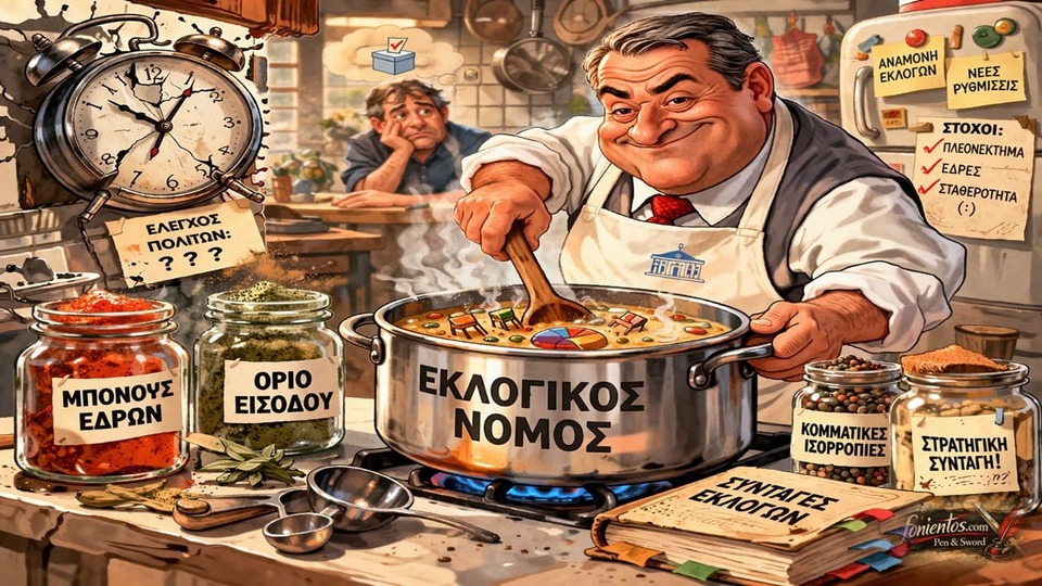 Σατιρικό σκίτσο με έναν Έλληνα πολιτικό ντυμένο σεφ να ανακατεύει μια κατσαρόλα με τίτλο Εκλογικός Νόμος.