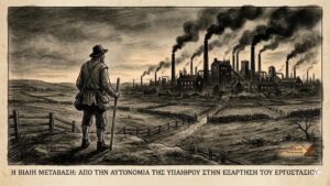 Ένας αγρότης κοιτάζει ένα σκοτεινό εργοστάσιο που βγάζει καπνό.