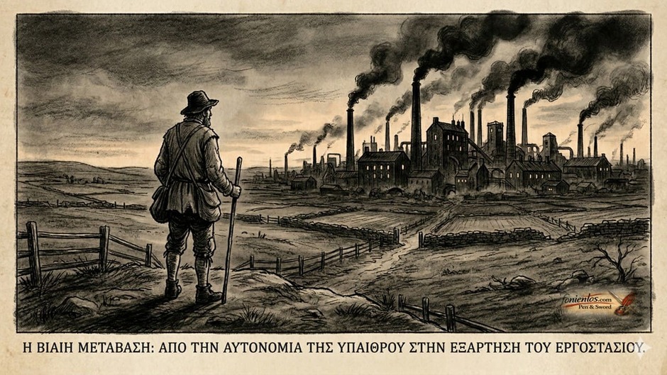 Ένας αγρότης κοιτάζει ένα σκοτεινό εργοστάσιο που βγάζει καπνό.