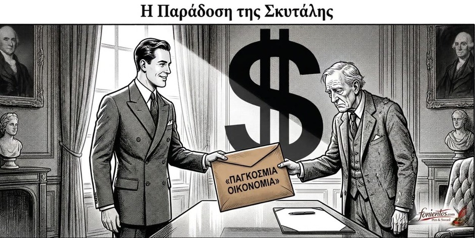 Ένα ασπρόμαυρο πολιτικό σκίτσο που δείχνει έναν ηλικιωμένο Βρετανό αξιωματούχο να παραδίδει απρόθυμα έναν μεγάλο φάκελο με την ένδειξη «ΠΑΓΚΟΣΜΙΑ ΟΙΚΟΝΟΜΙΑ» σε έναν νεαρό, σίγουρο Αμερικανό επιχειρηματία. Η σκιά του Αμερικανού σχηματίζει ένα γιγάντιο σύμβολο του δολαρίου και πέφτει βαριά πάνω στον Βρετανό.