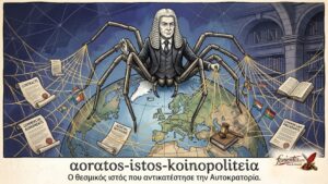 Μια αράχνη με δικαστική περούκα υφαίνει έναν χρυσό ιστό πάνω από την υδρόγειο.