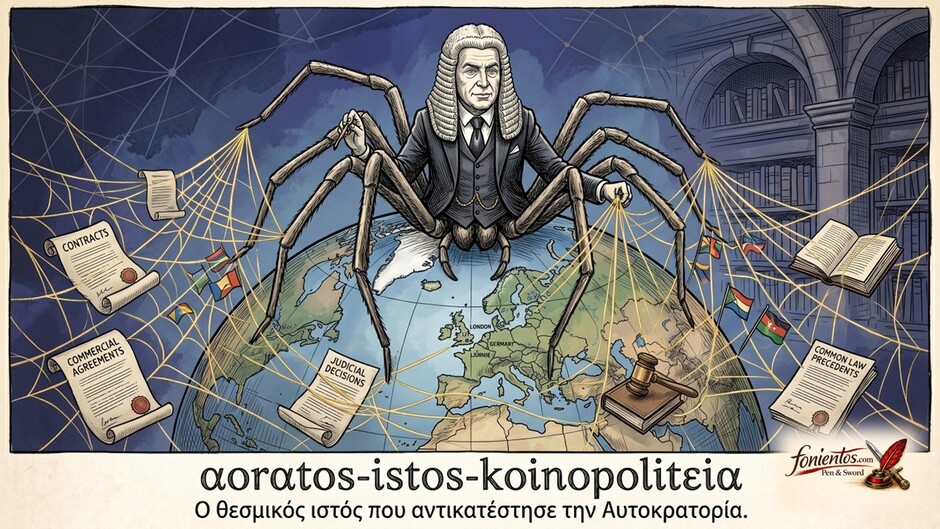 Μια αράχνη με δικαστική περούκα υφαίνει έναν χρυσό ιστό πάνω από την υδρόγειο.