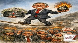 Ο Τόνι Μπλερ ισορροπεί σε τεντωμένο σχοινί κρατώντας βόμβα του Ιράκ και χαρτοφύλακα τραπεζίτη.