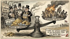 Βρετανοί τραπεζίτες κοιτούν μια ζυγαριά που γέρνει προς τον χρυσό αντί για τις ανθρώπινες ζωές.