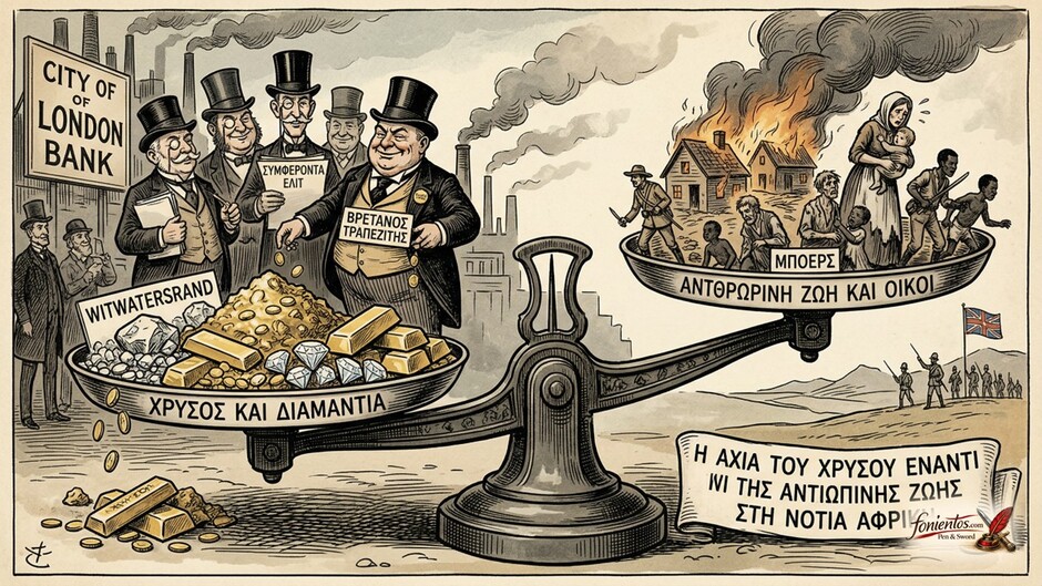 Βρετανοί τραπεζίτες κοιτούν μια ζυγαριά που γέρνει προς τον χρυσό αντί για τις ανθρώπινες ζωές.