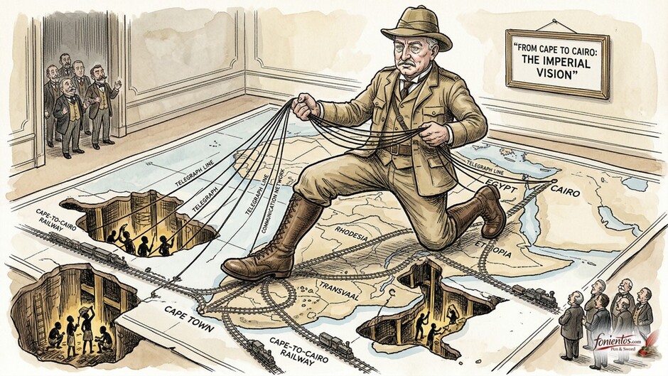 Ο Σέσιλ Ρόουντς ως γίγαντας πατάει στα δύο άκρα της Αφρικής.