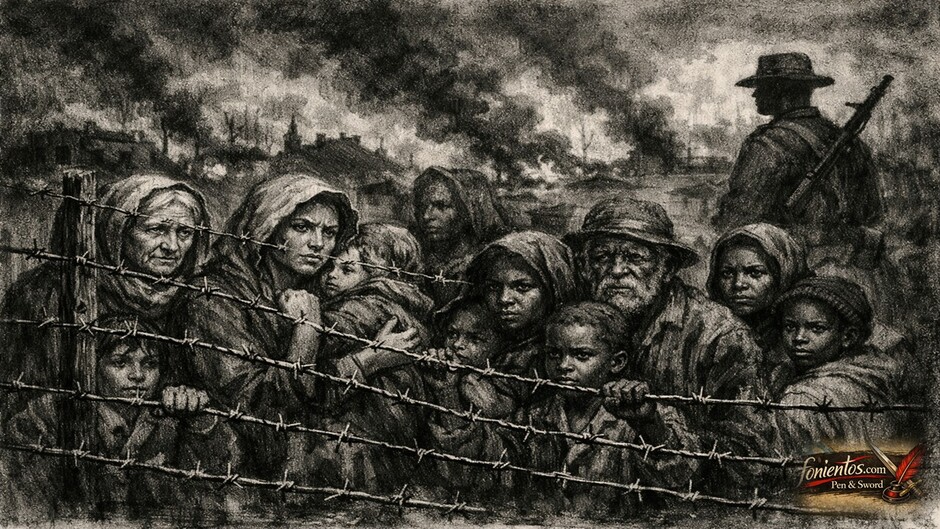 Άμαχος πληθυσμός πίσω από αγκαθωτό σύρμα με τη βρετανική σημαία στο βάθος.