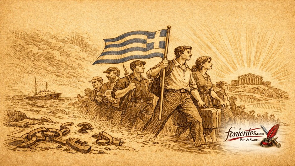 Πολιτικό σκίτσο με Έλληνες της διασποράς που επιστρέφουν συμβολίζοντας αλλαγή και ελπίδα