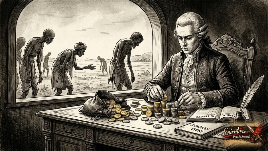 Βρετανός αξιωματούχος της Εταιρείας μετρά νομίσματα ενώ στο φόντο διακρίνονται φτωχοί Ινδοί αγρότες.