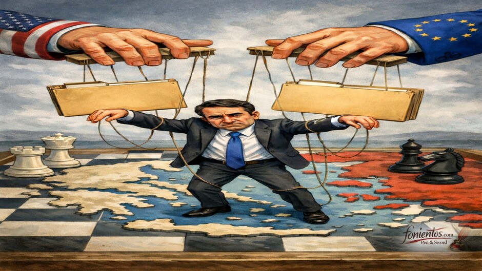 Πολιτικός ως μαριονέτα σε σκακιέρα που κινούν ξένες δυνάμεις με νήματα από φακέλους σκανδάλων.