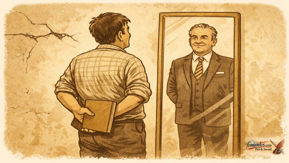 Η Ελλάδα κοιτάζει τον εαυτό της στον καθρέφτη ως Ευρώπη ενώ κρατά φάκελο