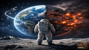 Αστροναύτης στη Σελήνη κοιτά μια διχασμένη Γη μεταξύ προόδου και πολέμου