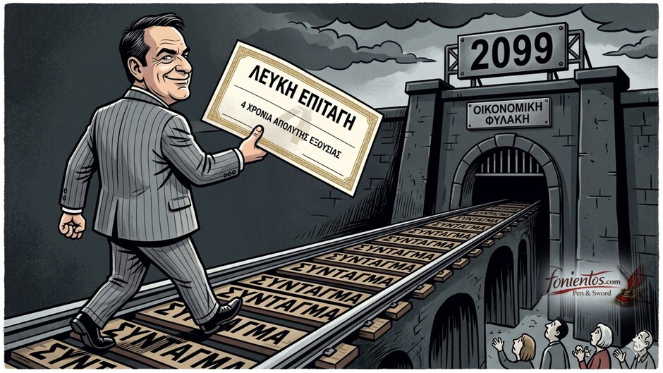 Πολιτικός κρατά λευκή επιταγή περπατώντας πάνω στις ράγες του Συντάγματος προς το 2099.