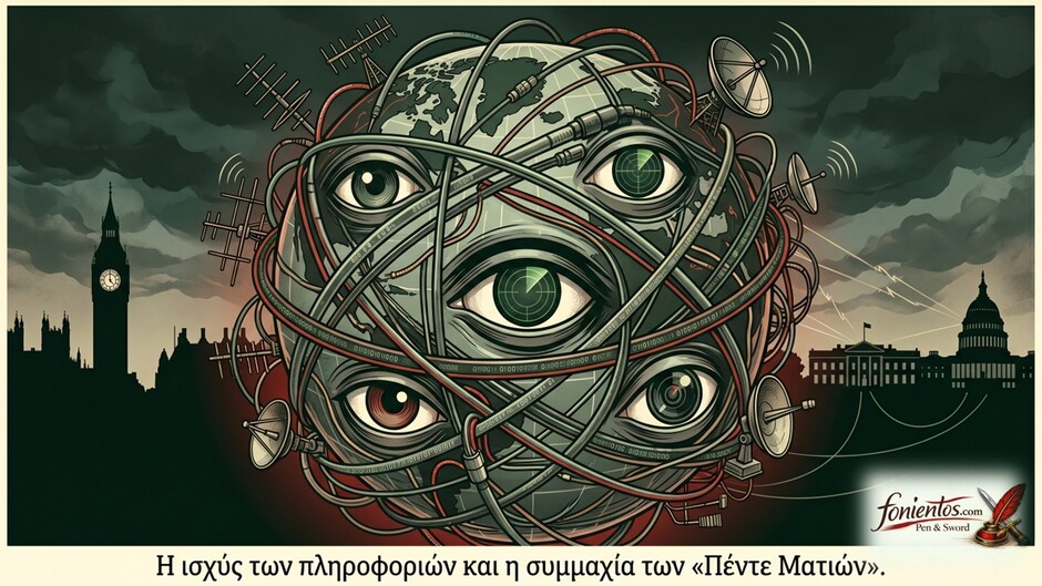 Σκίτσο με πέντε μεγάλα μάτια να παρακολουθούν τον πλανήτη μέσα από ψηφιακά καλώδια και κεραίες.