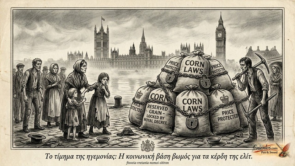 Φτωχοί πολίτες στέκονται μπροστά από τεράστιους κλειδωμένους σάκους με σιτάρι.