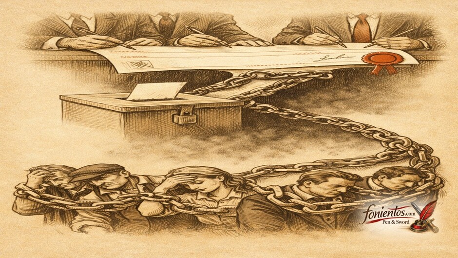 Σατιρικό σκίτσο όπου η κάλπη μετατρέπεται σε λευκή επιταγή που δεσμεύει τους πολίτες