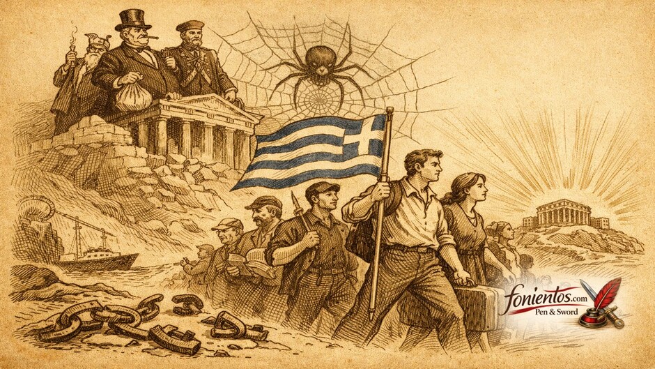 Πολιτικό σκίτσο με τη Βουλή παγιδευμένη σε ιστό αράχνης που συμβολίζει το πολιτικό σύστημα