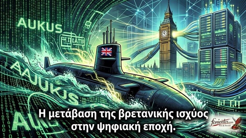 Ένα σύγχρονο υποβρύχιο αναδύεται μέσα από ψηφιακά δεδομένα μπροστά από το Big Ben.