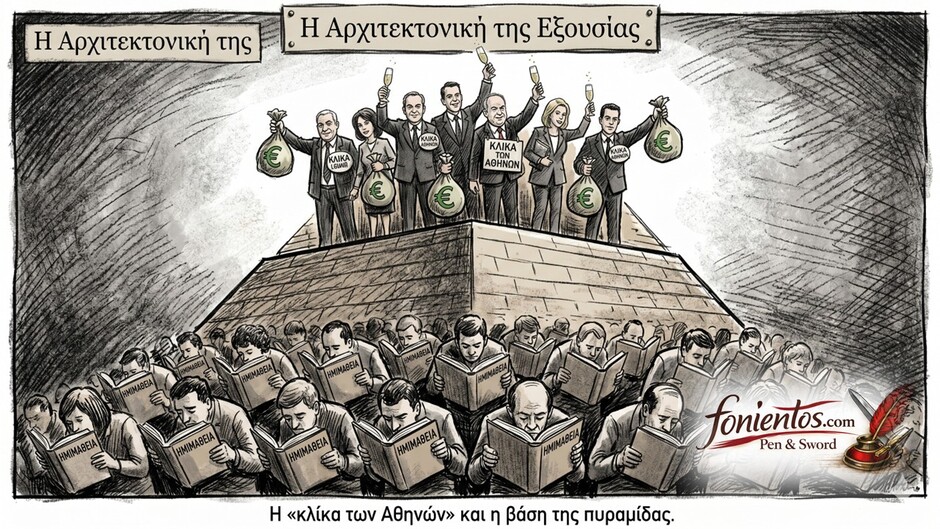 Σκίτσο που απεικονίζει την πολιτική πυραμίδα με την ελίτ στην κορυφή και τους πολίτες στη βάση.