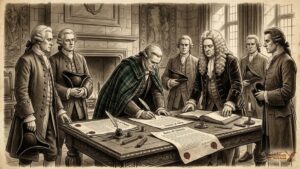 Σκίτσο που απεικονίζει Βρετανούς ευγενείς να υπογράφουν την Ένωση του 1707.