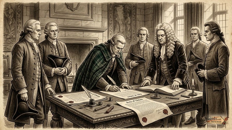 Σκίτσο που απεικονίζει Βρετανούς ευγενείς να υπογράφουν την Ένωση του 1707.