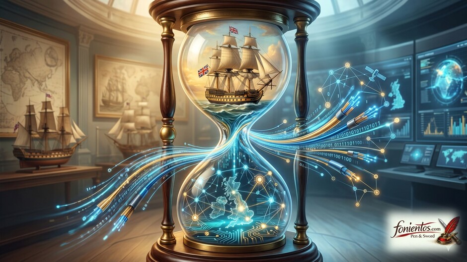 Μια κλεψύδρα που στο πάνω μέρος έχει ένα ιστιοφόρο και στο κάτω ένα ψηφιακό δίκτυο δεδομένων.