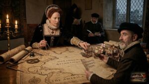 Ξύλινο ραβδί σπρώχνει βρετανικό καράβι έναντι ισπανικού σε παλιό χάρτη.