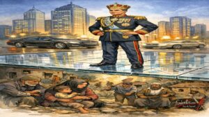 Ο Σάχης πάνω από μια βιτρίνα ανάπτυξης ενώ ο λαός φαίνεται αποκλεισμένος από κάτω