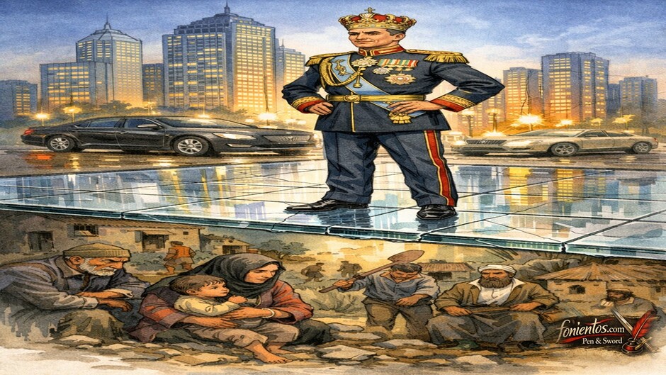 Ο Σάχης πάνω από μια βιτρίνα ανάπτυξης ενώ ο λαός φαίνεται αποκλεισμένος από κάτω