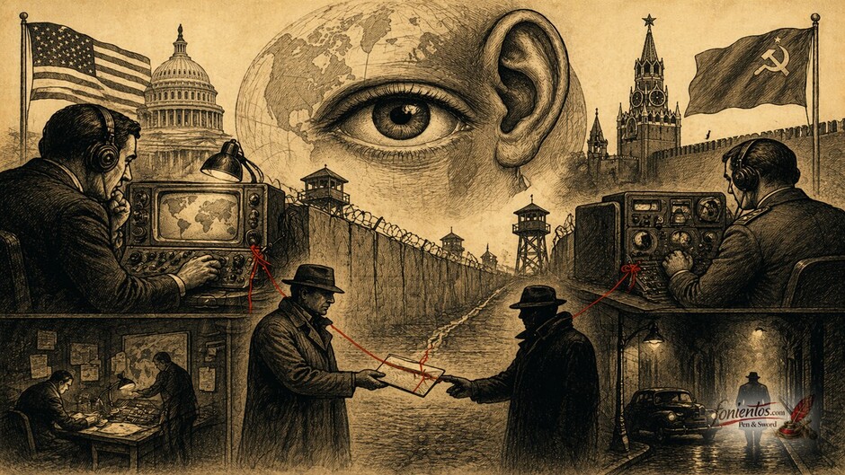 Πολιτικό σκίτσο κατασκοπείας στον Ψυχρό Πόλεμο με μυστική ανταλλαγή πληροφοριών