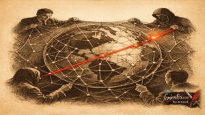 Πολιτικό σκίτσο με παγκόσμιο δίκτυο δεδομένων που καλύπτει τη γη και συμβολίζει την ψηφιακή κατασκοπεία